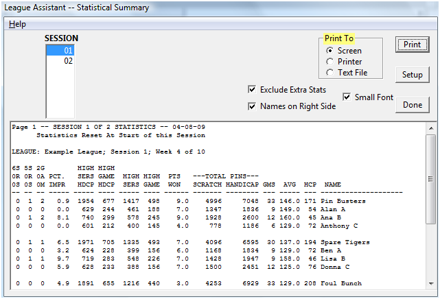 Reports Menu - Statistical Summary